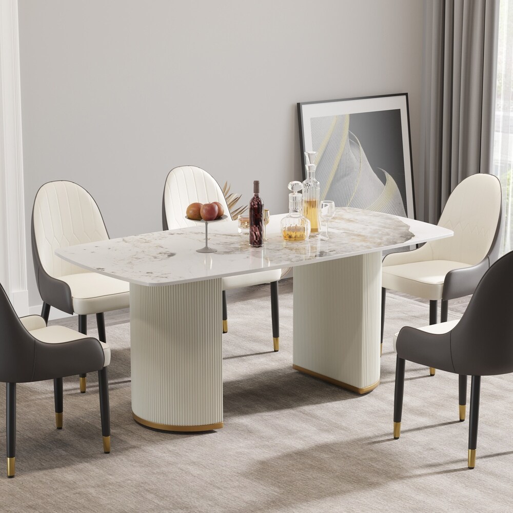 71 '' Modern Dining Table for 8  Rectangular Curved Marbel Tabletop + Beige Double Pedestal   N/A