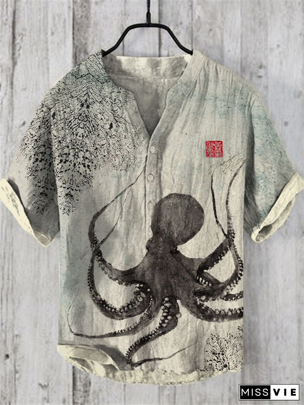 Japanese Art Inkjet Octopus Print Henry Collar Shirt