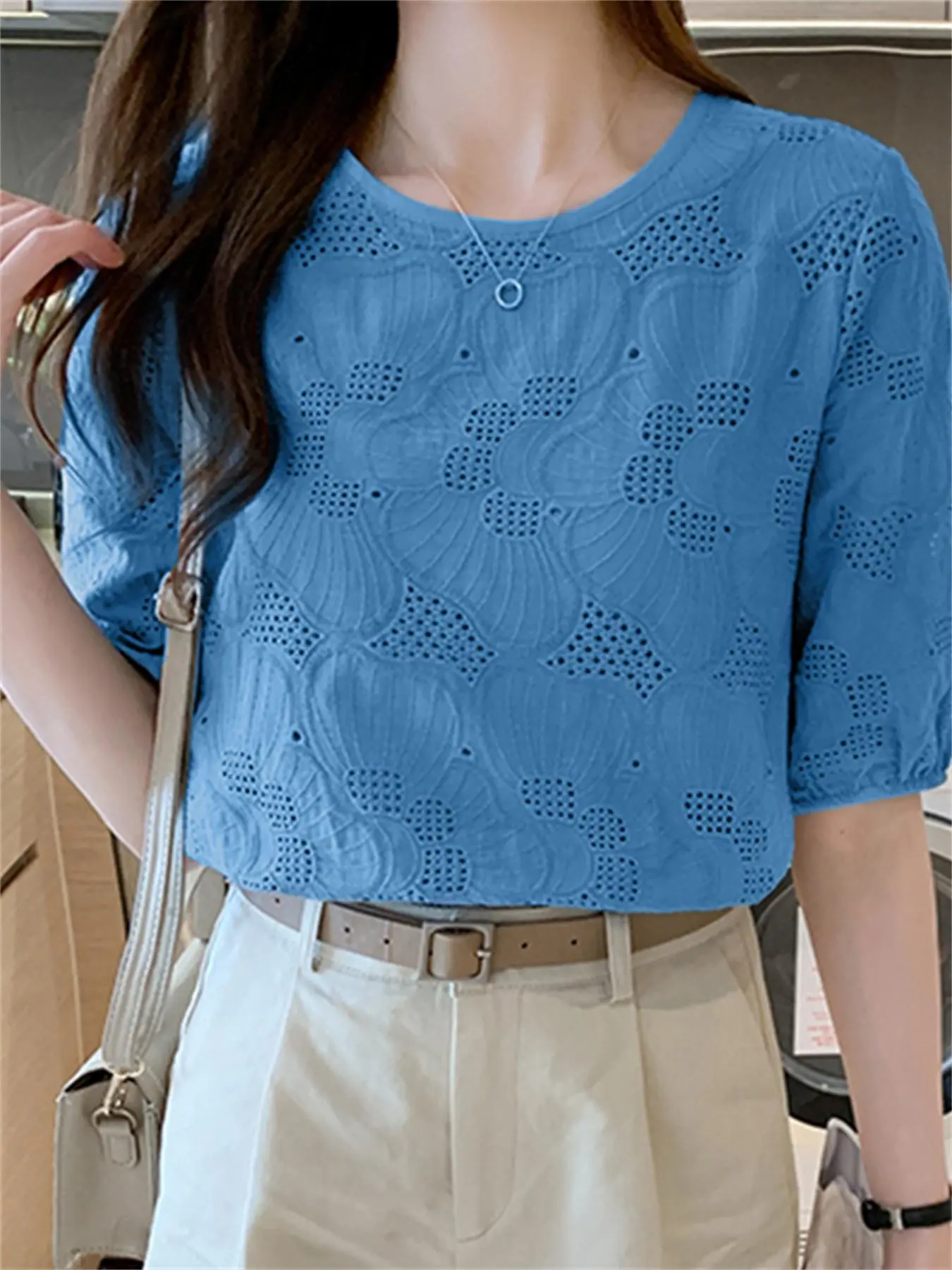 Plus Size Eyelet Embroidered Crew Neck Blouse, Elegant Short Sleeve Top For Spring & Summer, Womens Plus Size Clothing