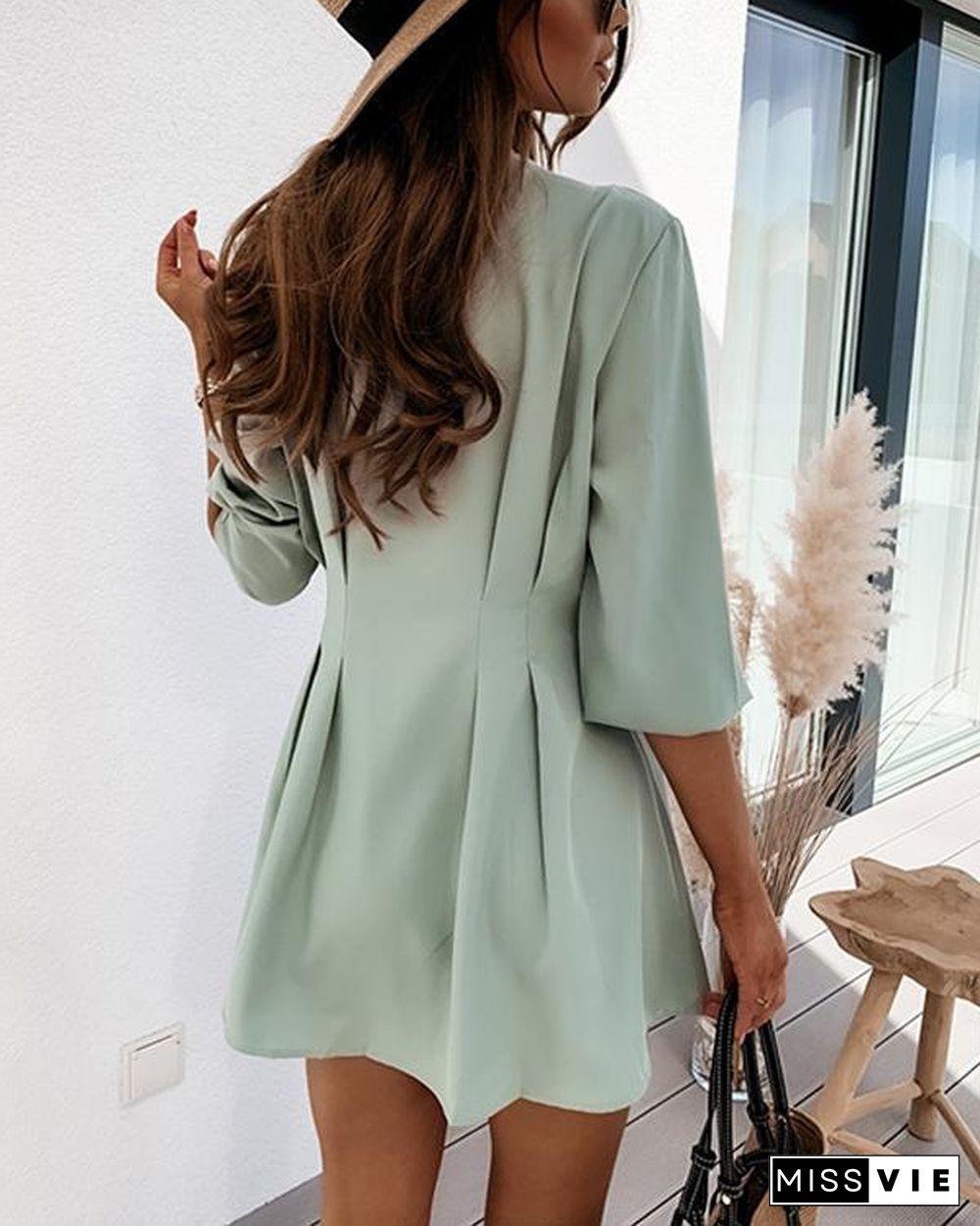 Solid Slim Pleated Long Sleeve Tight Waist Shirt Dress