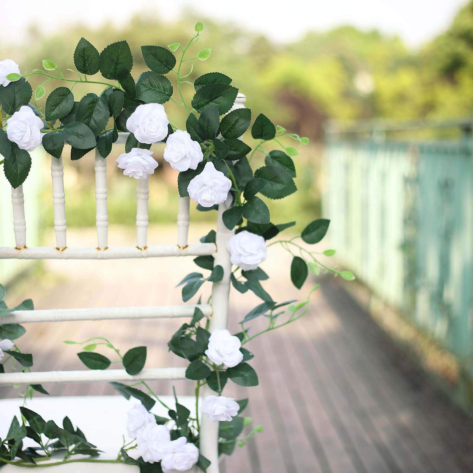 20 White Artificial Silk Roses Flower Garland, Hanging Vine 6ft