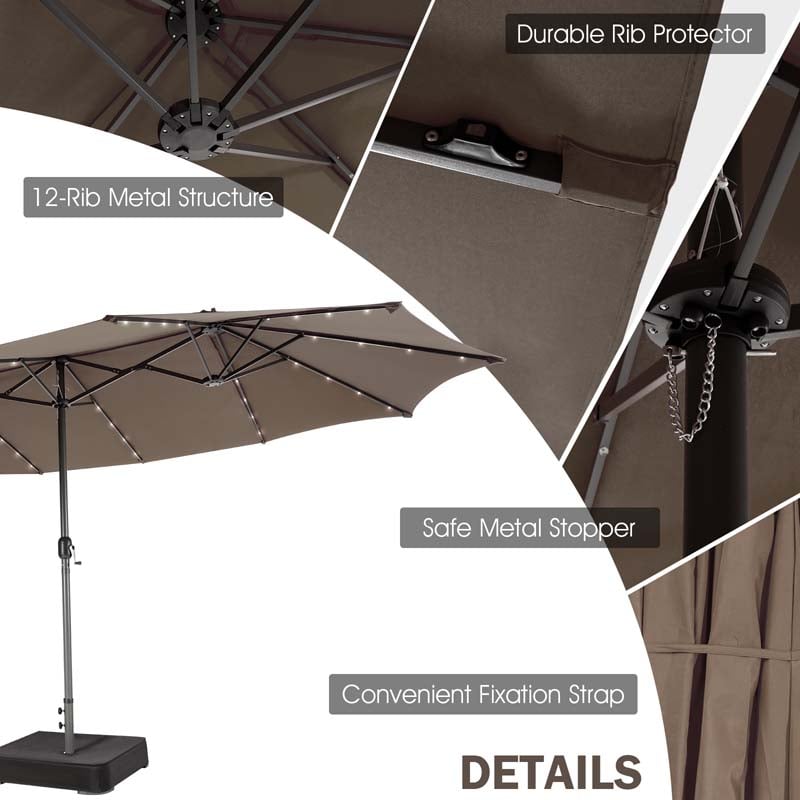 15 FT Double-Sided Patio Umbrella with 48 Solar Lights, Extra-Large Outdoor Twin Market Umbrella with Base