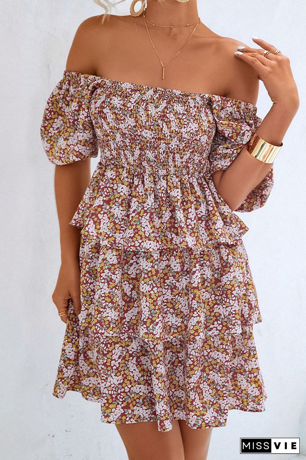 Smocked Square Neck Tiered Floral Dress