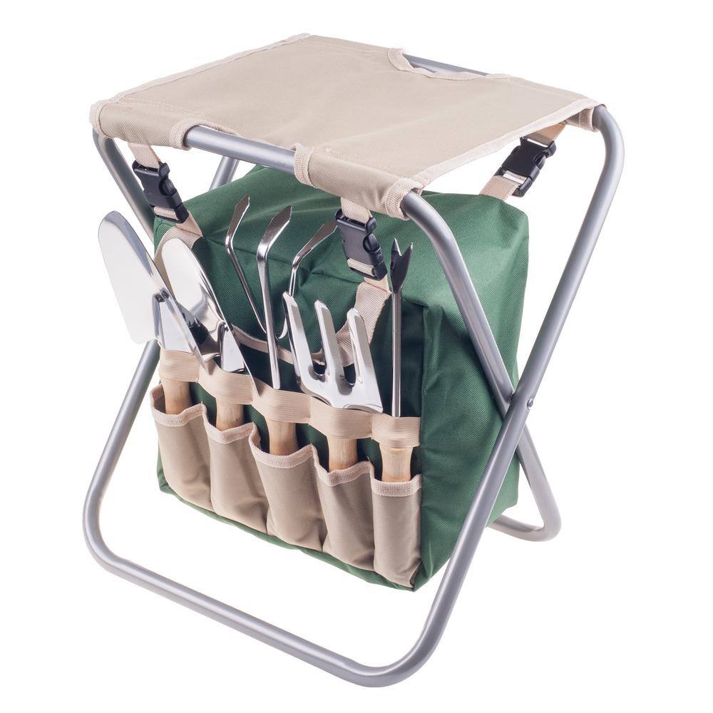 Pure Garden Folding Garden Stool with Tool Bag Plus 5 Garden Tools HW155036