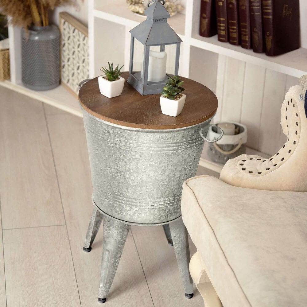 Farmhouse Accent Side Table - Galvanized Rustic End Table. Metal Storage Bin