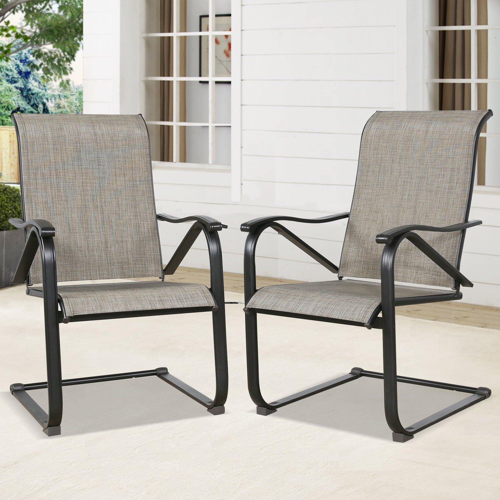 Ulax Furniture C-Patio Spring Motion Dining Chairs Armchair Outdoor Textilene Sling Fabric Rocking Chairs Set of 2 with High Back