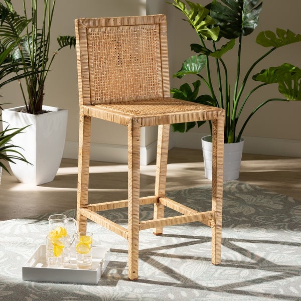 Sofia Contemporary Natural Finished Wood and Rattan Counter Stool