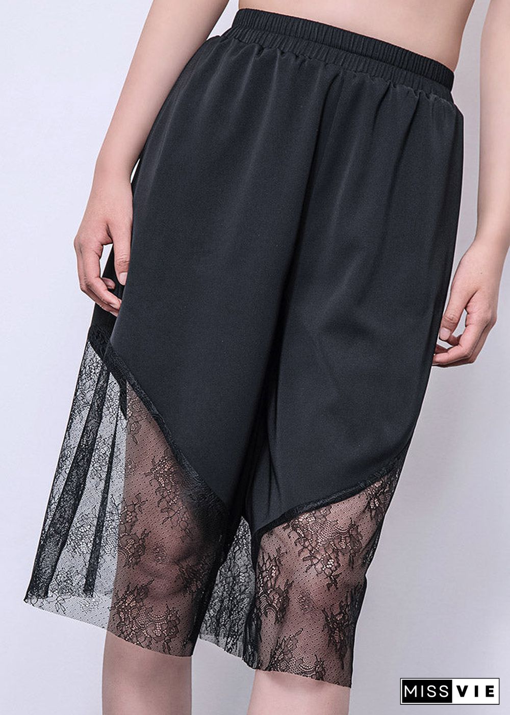 Casual Black Lace Patchwork Chiffon Crop Wide Leg Pants Summer