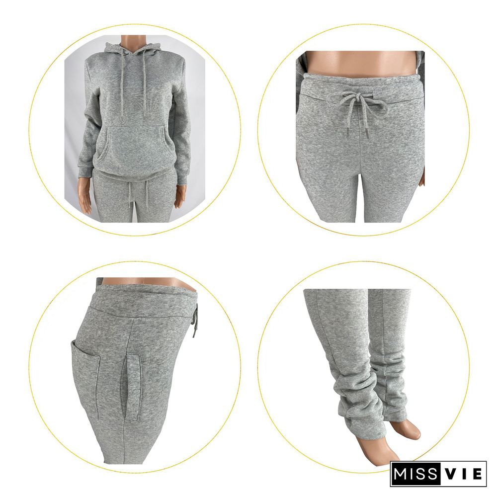 Hooded Sweatshirt Drawstring Stacked Pants Set