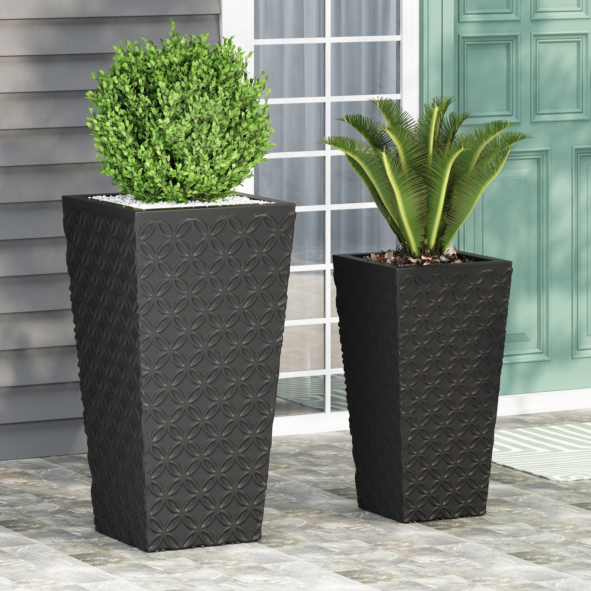 Beadles Outdoor Large and Medium Cast Stone Planters, Set of 2, Matte Black