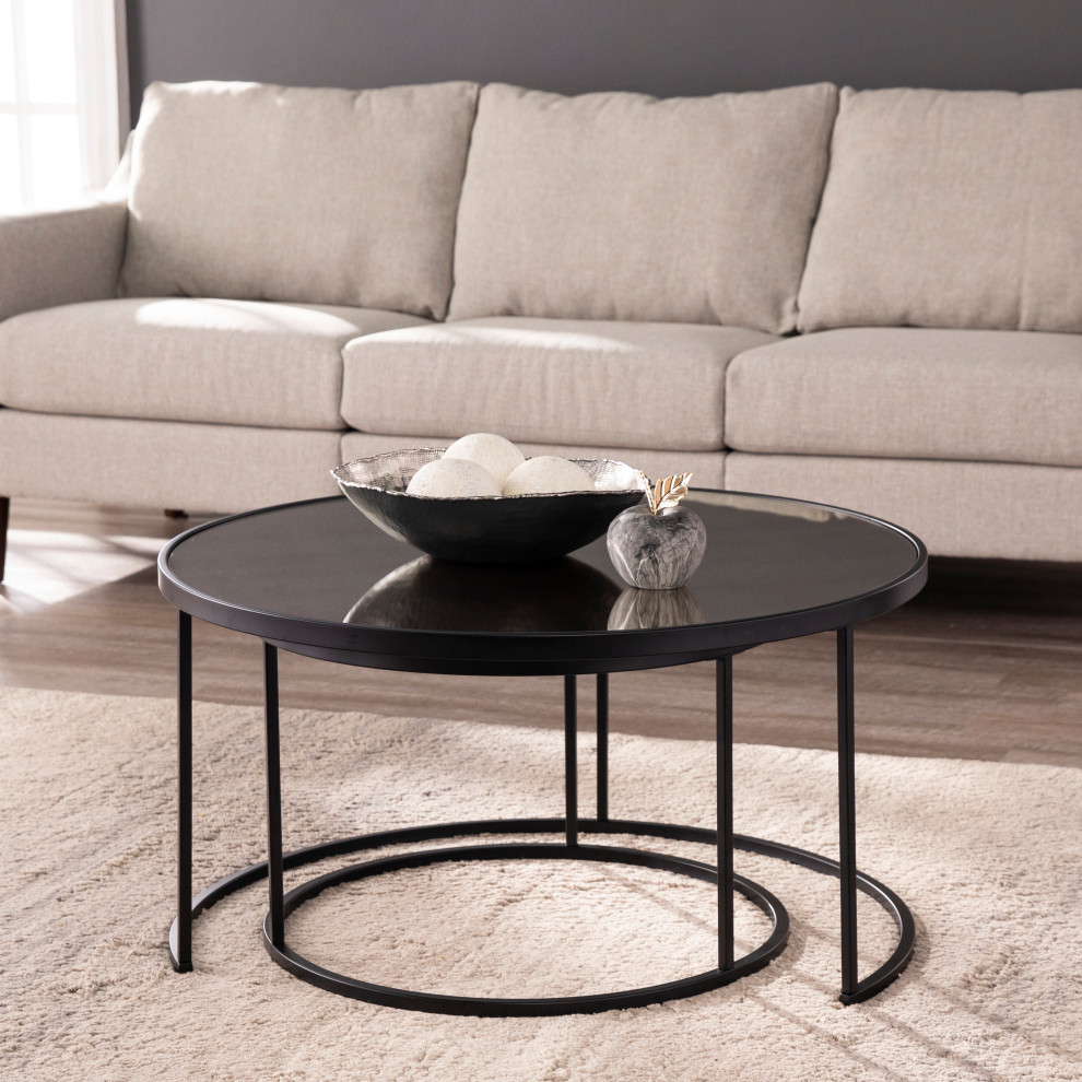 Donabbey Round Nestng Cocktail Tables 2pc Set  Antique Mirror and Black   Transitional   Coffee Table Sets   by SEI  Houzz