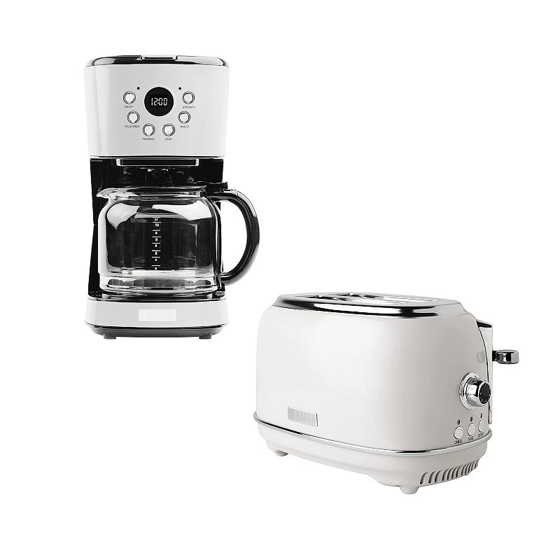 Haden 12 Cup Coffee Maker with 2 Slice Wide Stainless Steel Bread Toaster， White