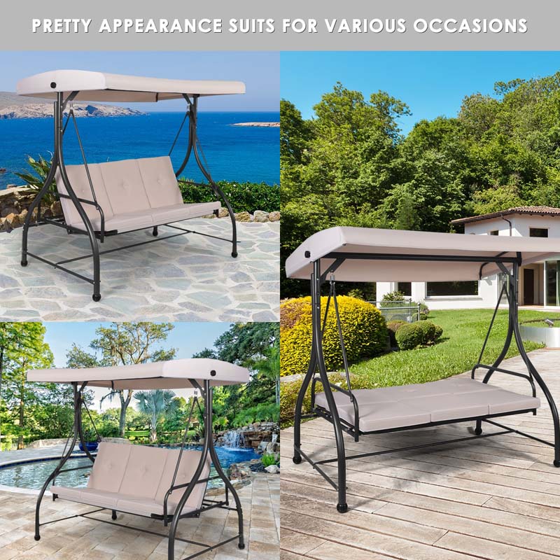 3-Seater Cushioned Metal Porch Swing with Adjustable Tilt Canopy, 2-in-1 Convertible Outdoor Patio Swing Chair Glider