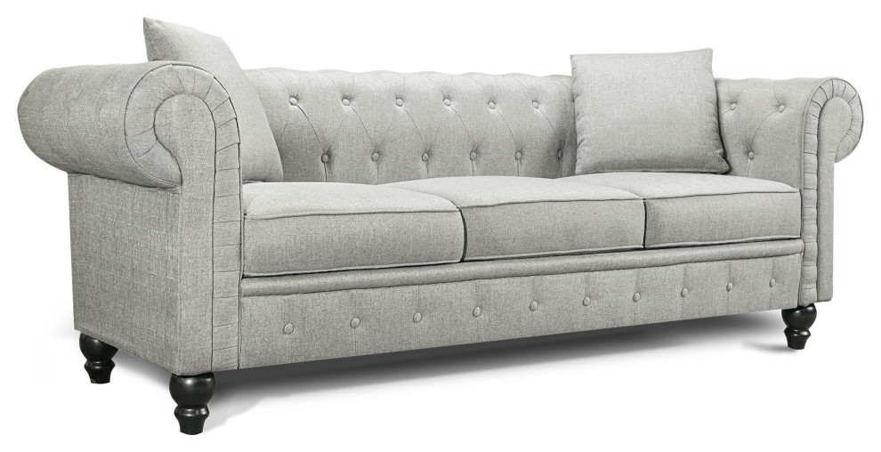 Cerna 82.7 quotLinen Rolled Arm Chesterfield Sofa  Light Grey   Traditional   Sofas   by E VISION INTL INC.  Houzz