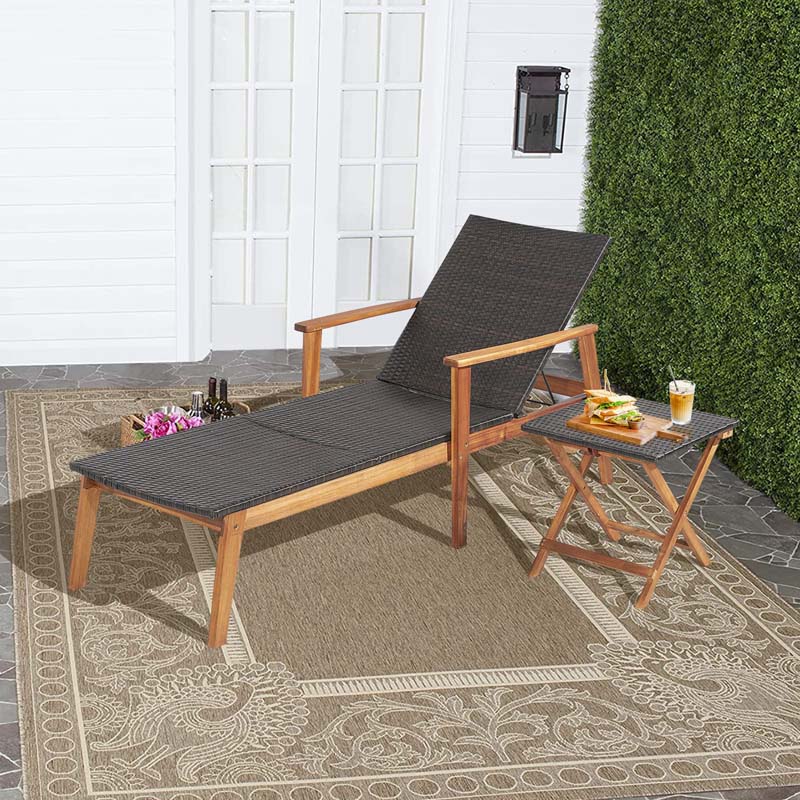 Acacia Wood & Rattan Patio Beach Outdoor Chaise Lounge Chairs Pool Sun Lounger Set with Folding Side Table