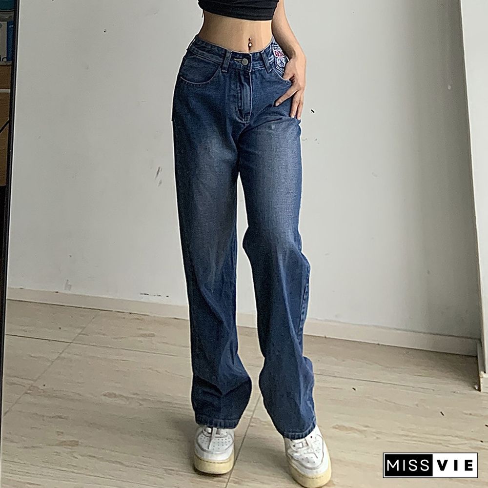 Harajuku Mid Waist Jeans Casual Woman Vintage Aesthetic 90s Straight Capri Pants Korean Fashion Pockets Denim Trousers