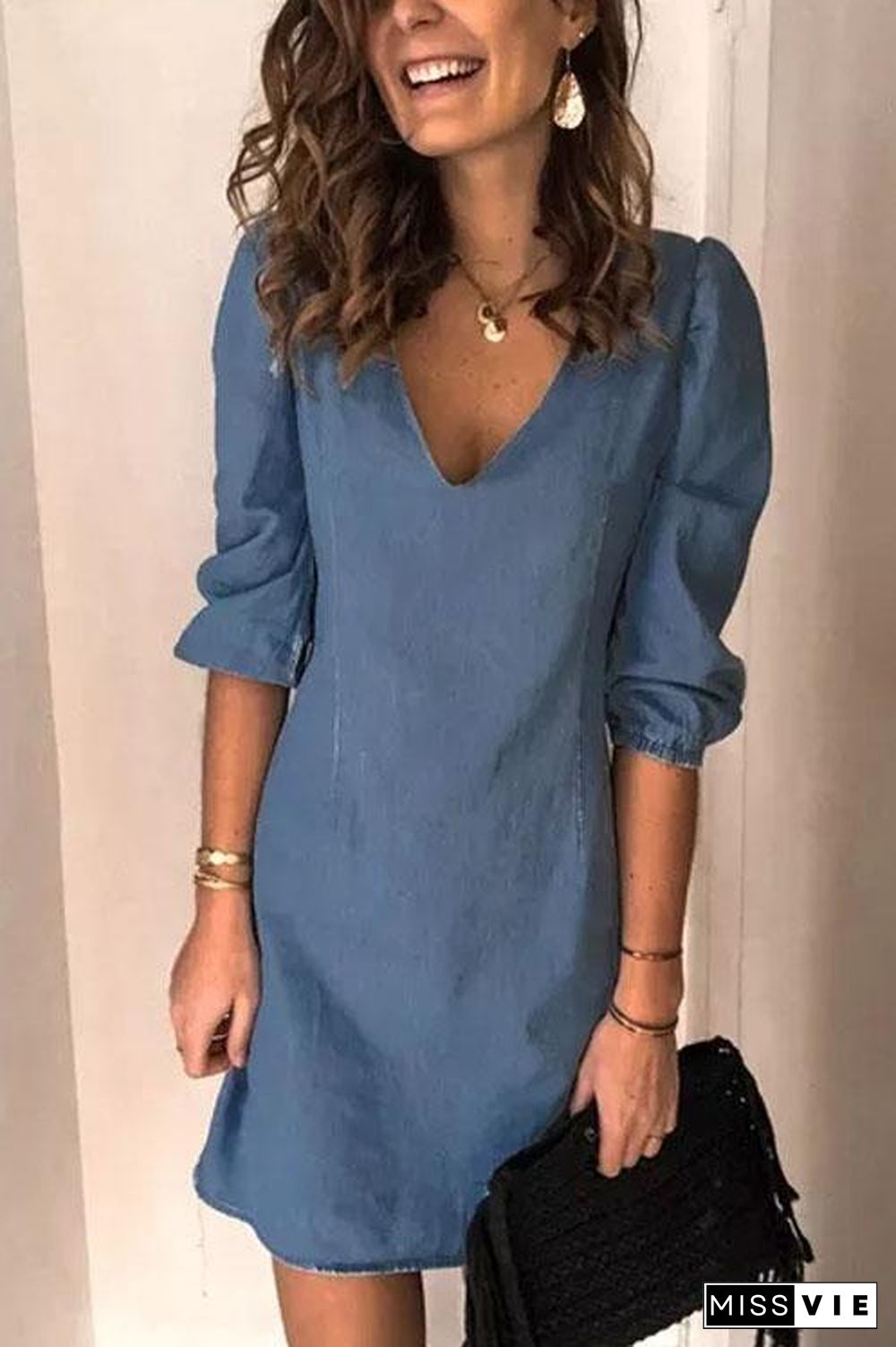 Puff Sleeve Simple Denim Dress