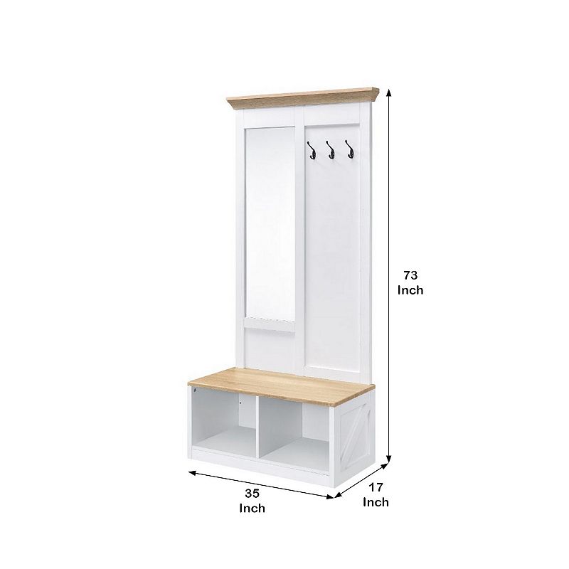 Hall Tree With Body Length Mirror and Bench Seat， White and Brown