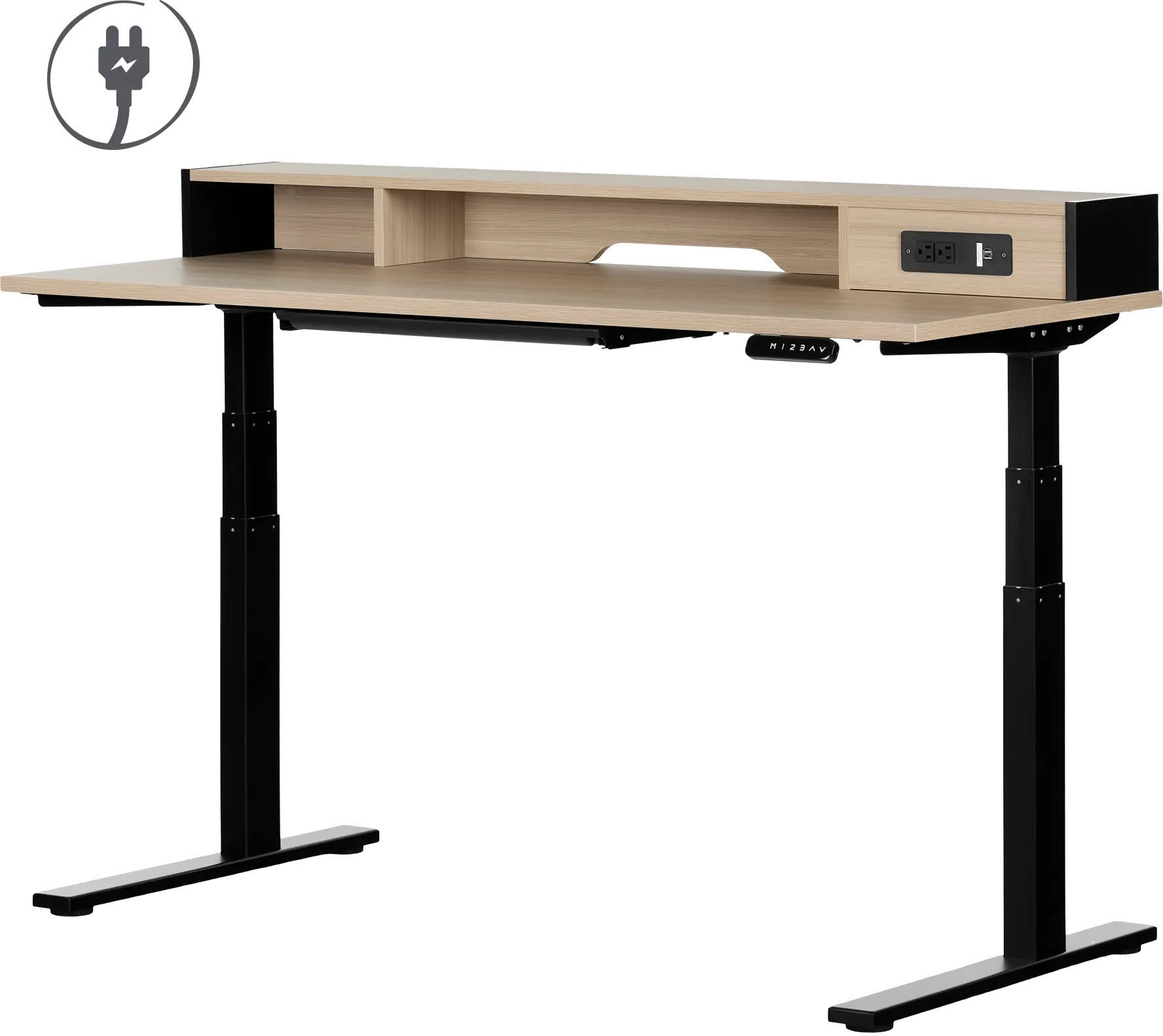 Majyta Light Brown and Black Adjustable Height Standing Desk with Built In Power Bar - South Shore