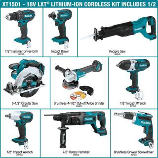 Makita 18V LXT Lithium-ion Cordless 15-Piece Combo Kit with (4) Batteries 3.0Ah Charger and (2) Bags XT1501