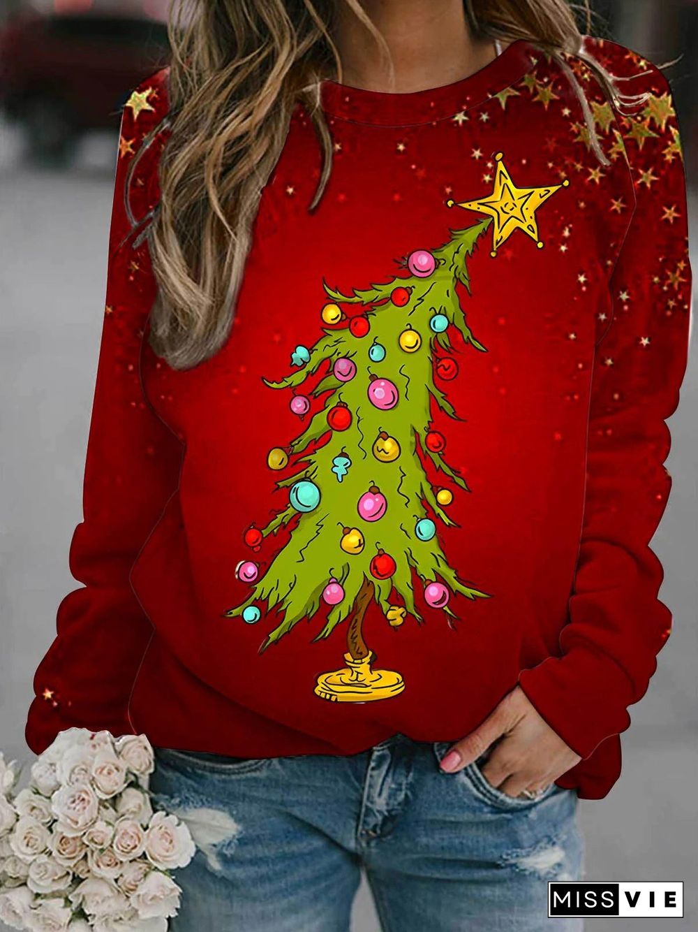 Women's Christmas Tree Printed Round Neck Long Sleeve Sweatshirt