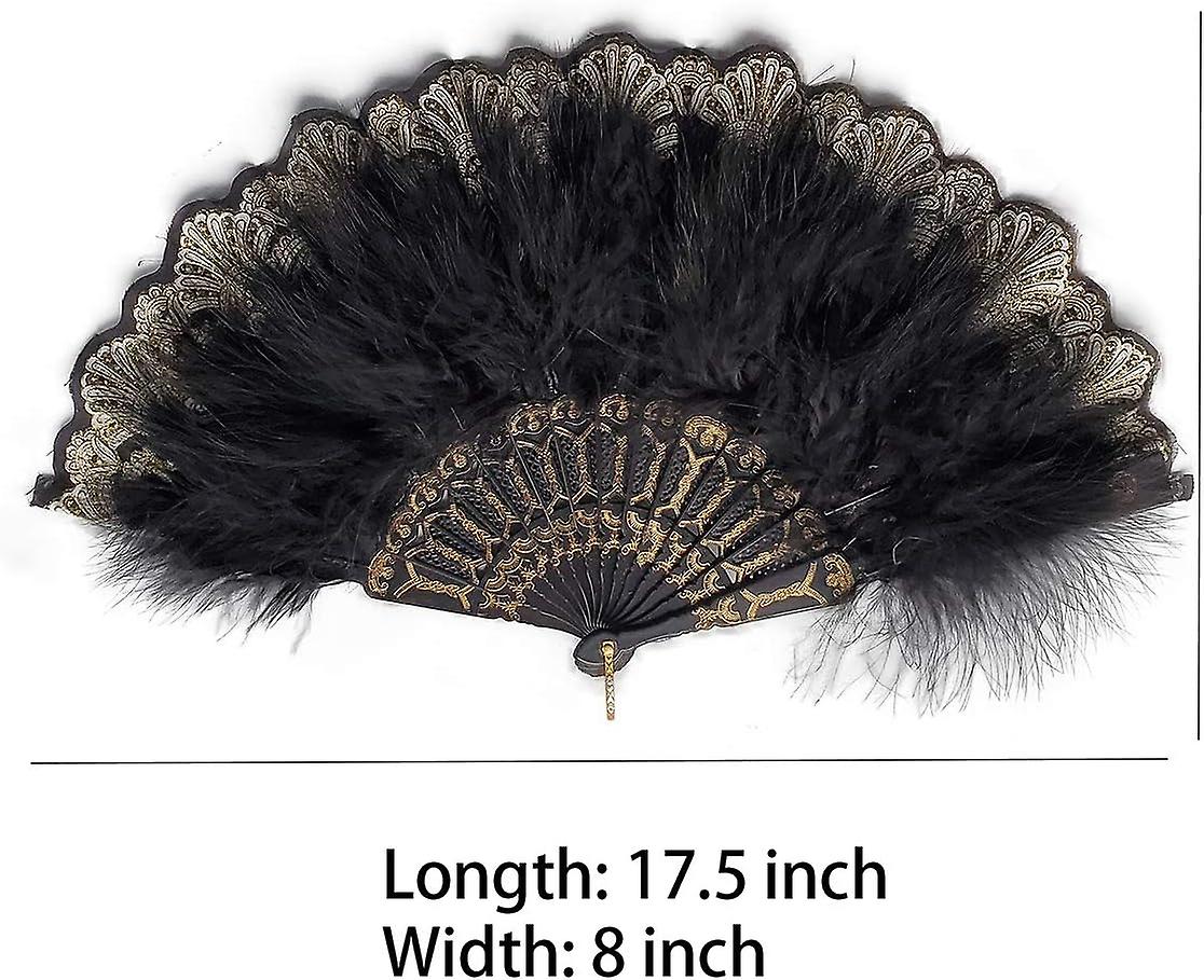 Embroidered Flower Feather Fan With Fringe Pendant， 1920s Vintage Style Flapper Hand Fan For Costume Party Dancing-black