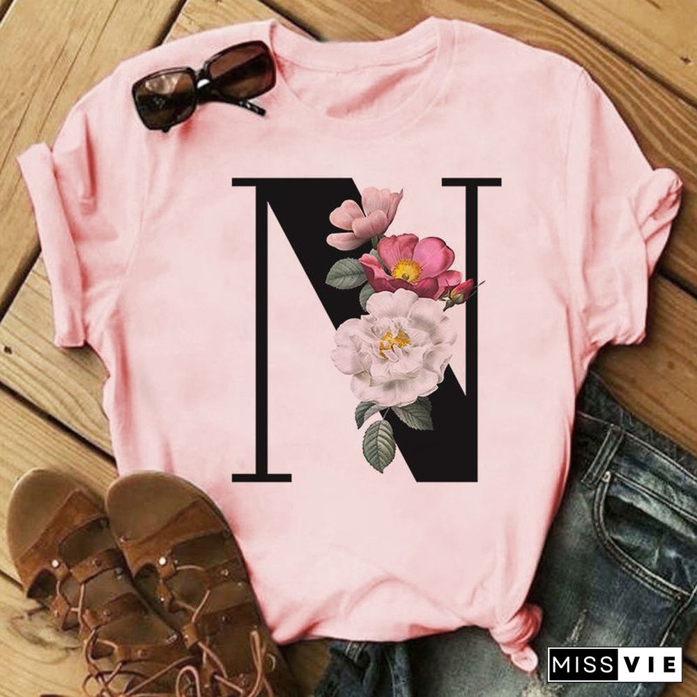 26 Letter Alphabet A-Z Women T-Shirts Fashion Breathable Flowers Short Sleeve Casual Tops Couple Basic Tee Crew Neck Clothes Top