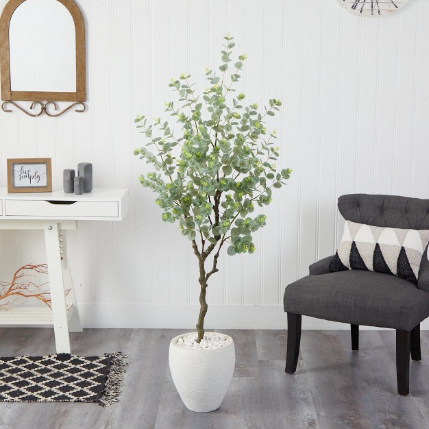 Nearly Natural 63-in Eucalyptus Artificial Tree In White Planter