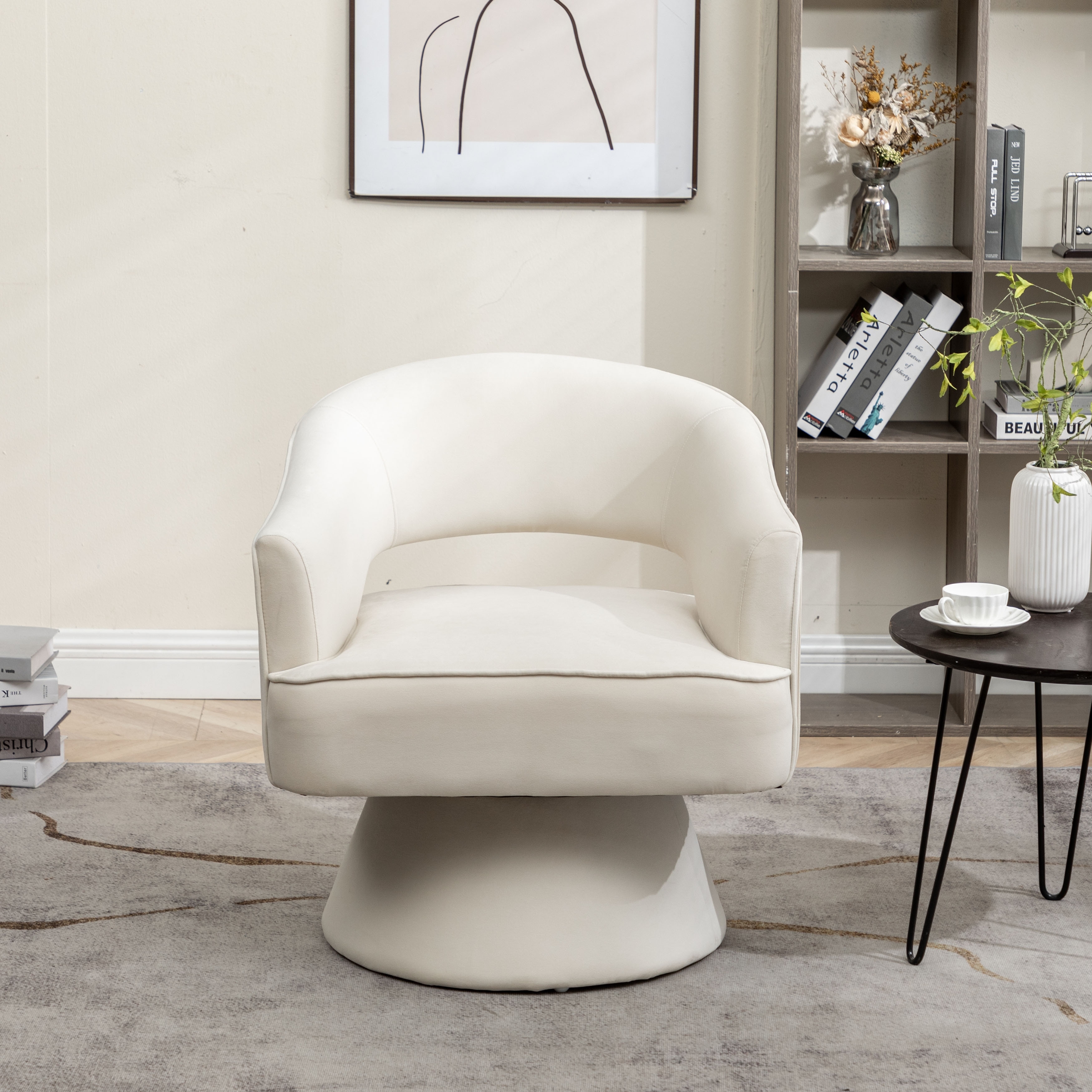 SEYNAR Modren Velvet Living Room Swivel Arm Barrel Chair with Tufted Back