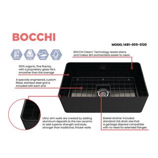 BOCCHI Aderci Black Fireclay 30 in. Single Bowl Ultra-Slim Farmhouse Apron Front Kitchen Sink with Grid and Strainer 1481-005-0120