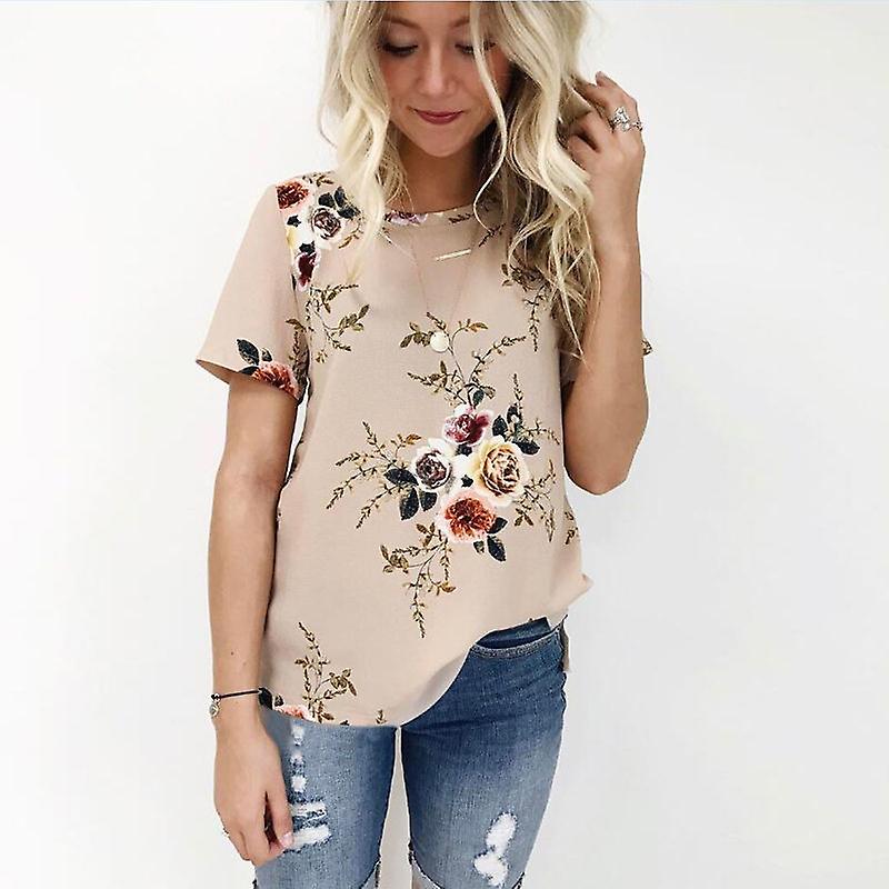 New    Shopee Round Neck Short Sleeve Digital Print Floral Loose Chiffon Top Apricot 3xl  L