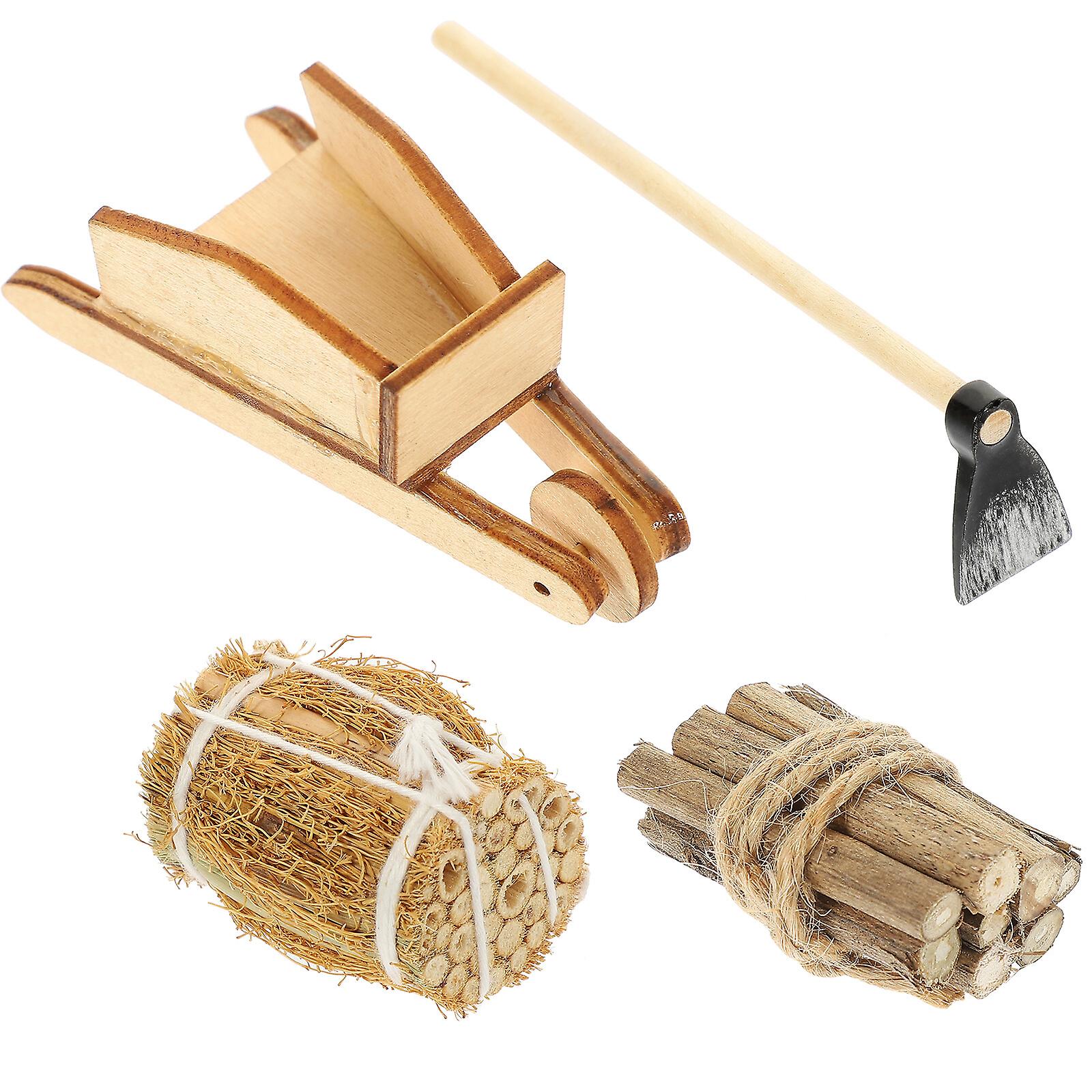 1 Set Miniature Figurines Mini Outdoor Hoe Firewood Decoration Mini Cart Mini Haystack Decor