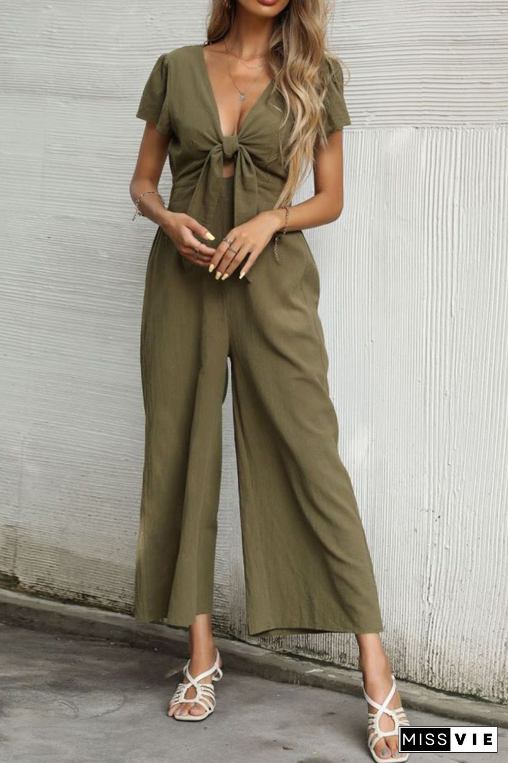 Bow Knot Wide Leg Long Pants Jumpsuit Wholesale