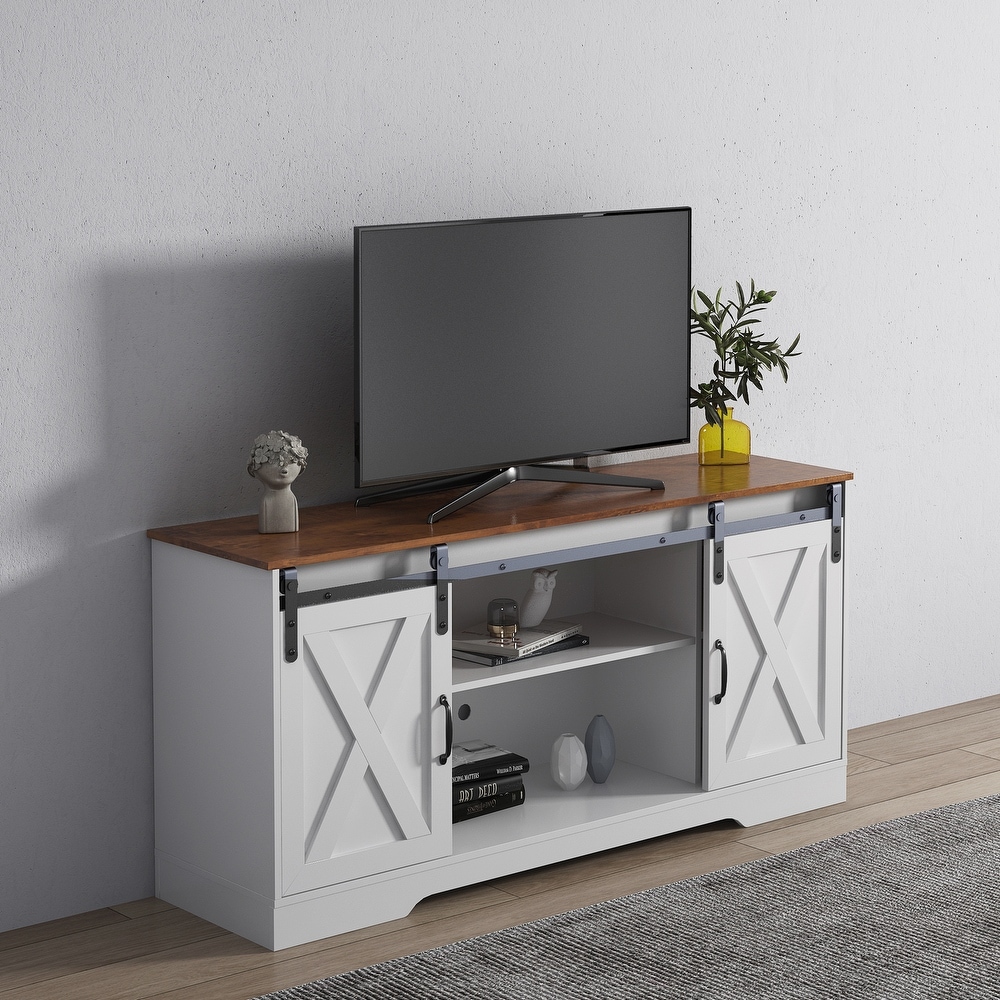 TV Stand with Sliding Barn Door   Storage Cabinet for TVs Up to 65\