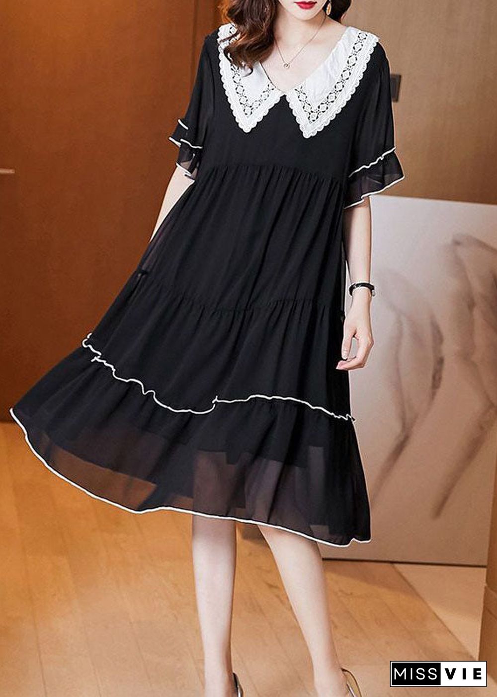 Fashion Black Peter Pan Collar Patchwork Chiffon Maxi Dresses Summer