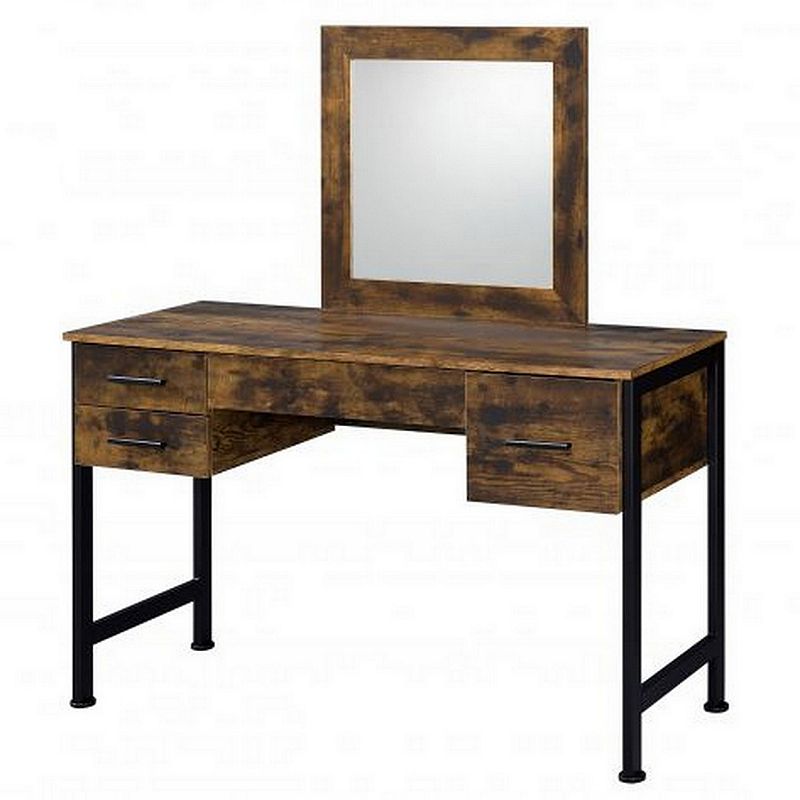 Vanity Desk with 4 Drawers and Square Mirror， Brown and Black