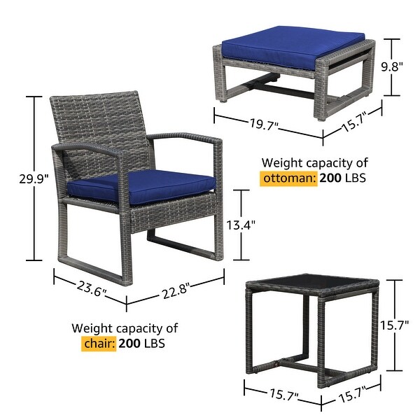 5Piece Patio Wicker Chat Set with Armchairs，Ottomans and Side Table