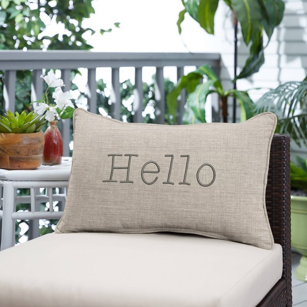 Indoor outdoor Hello Embroidered Lumbar Throw Pillow Sorra Home