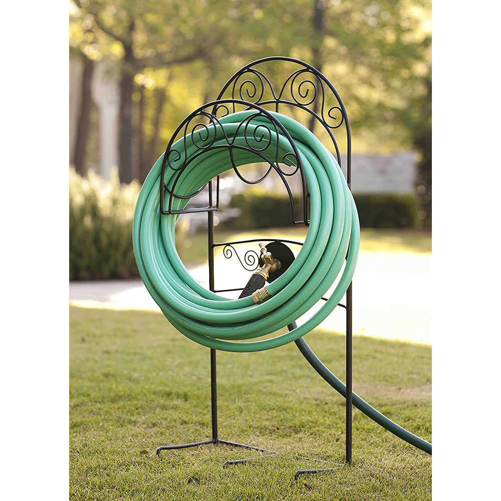 Liberty Garden 640 Carrington Durable Powder Coated Decorative Metal Outdoor Hose Stand w/Bib， Black