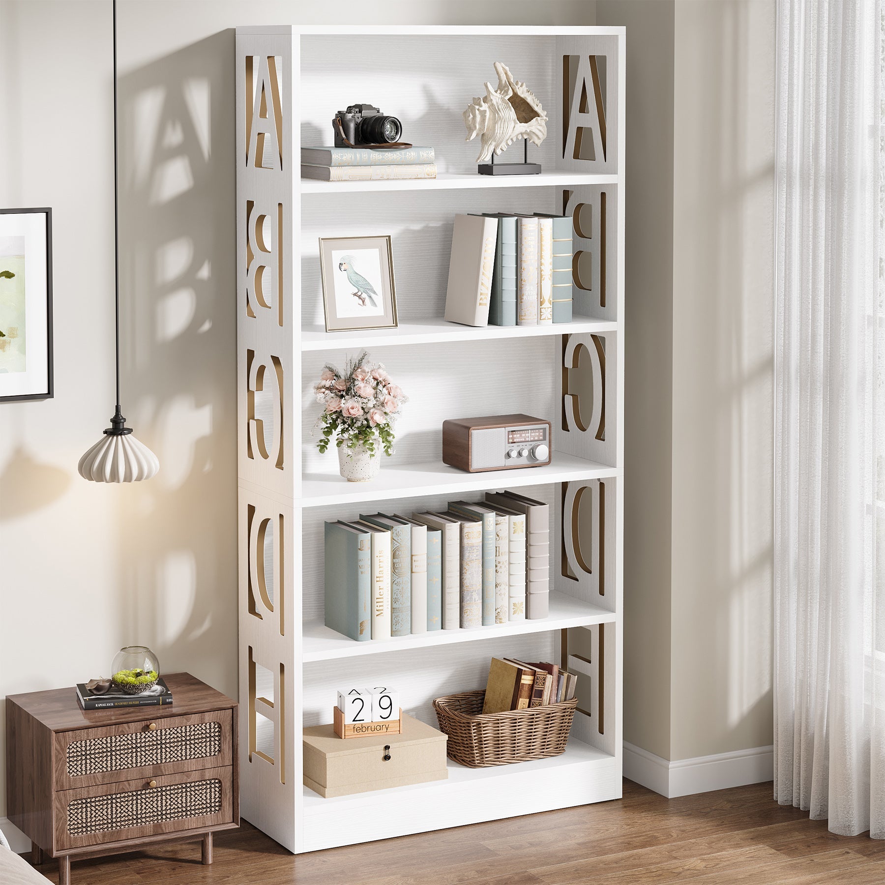 70.9 Bookshelf, Modern Bookcase Display Shelf with Creative Hollow Alphabet