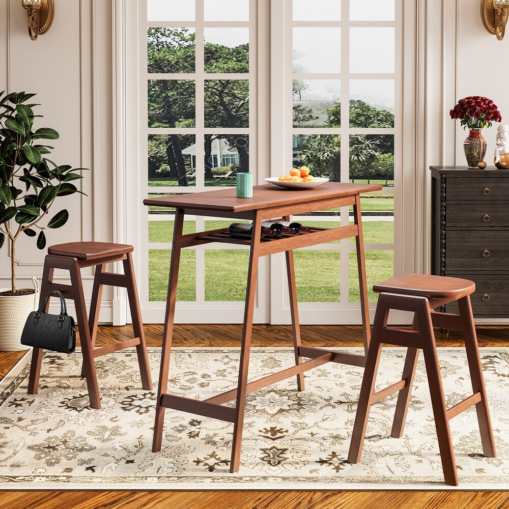 Rubber Wood Bar Table and Stackable Backless High Stool with Shelf and Hooks for Home Bar Small Space  3 Piece Pub Dining Set