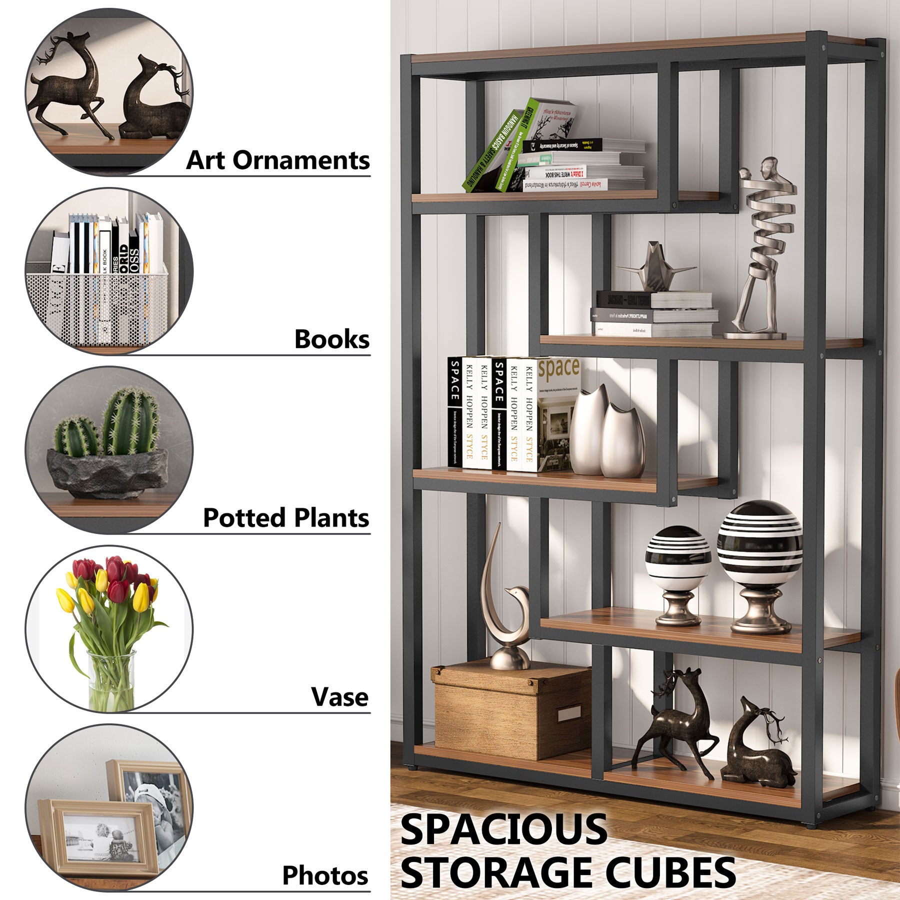 6-Tier Bookshelf, 69 Industrial Etagere Bookcase with Staggered Shelves