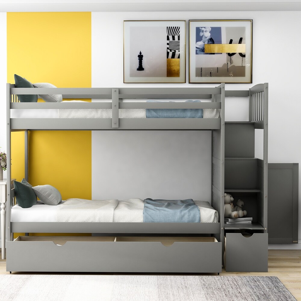 Contemporary Style Twin over Full/Twin Bunk Bed  Convertible Bottom Bed  Storage Shelves and Drawers