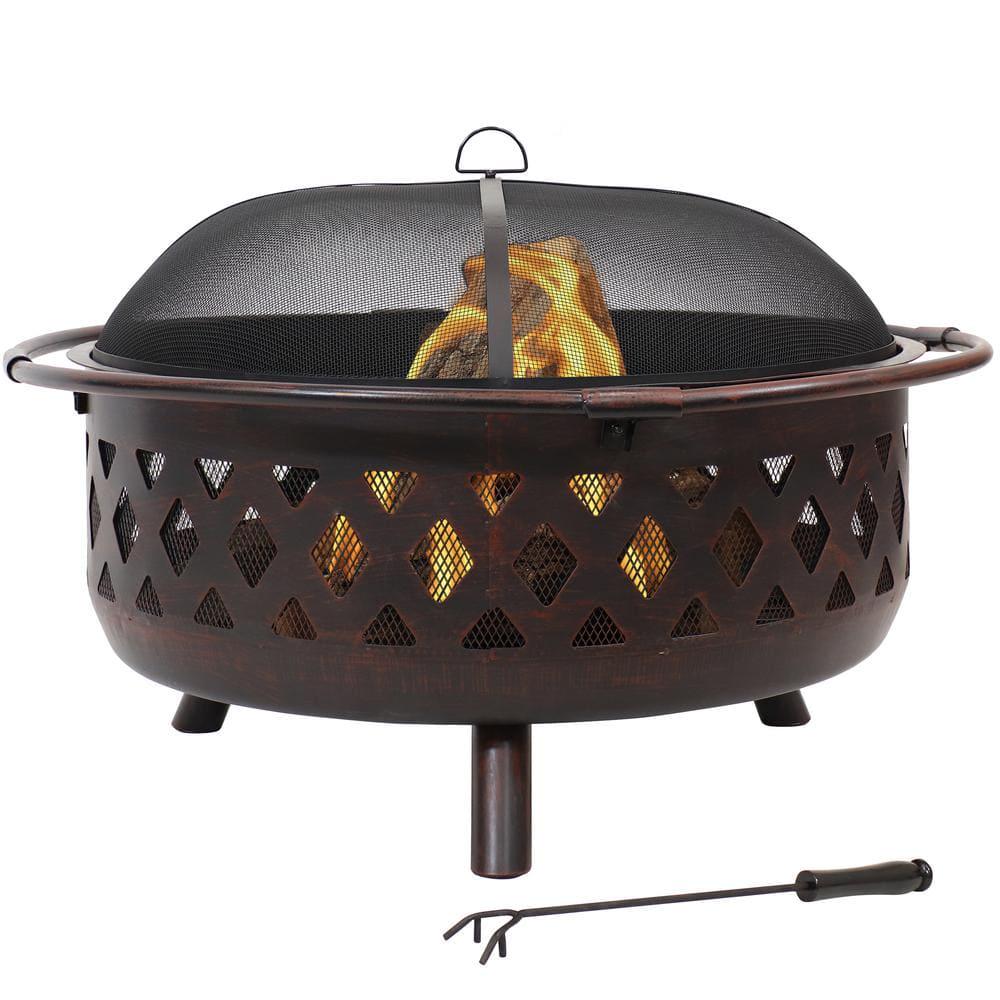 Sunnydaze Decor Cross Weave 36 in x 24 in Large Round Steel Wood Burning Fire Pit in Bronze with Spark Screen