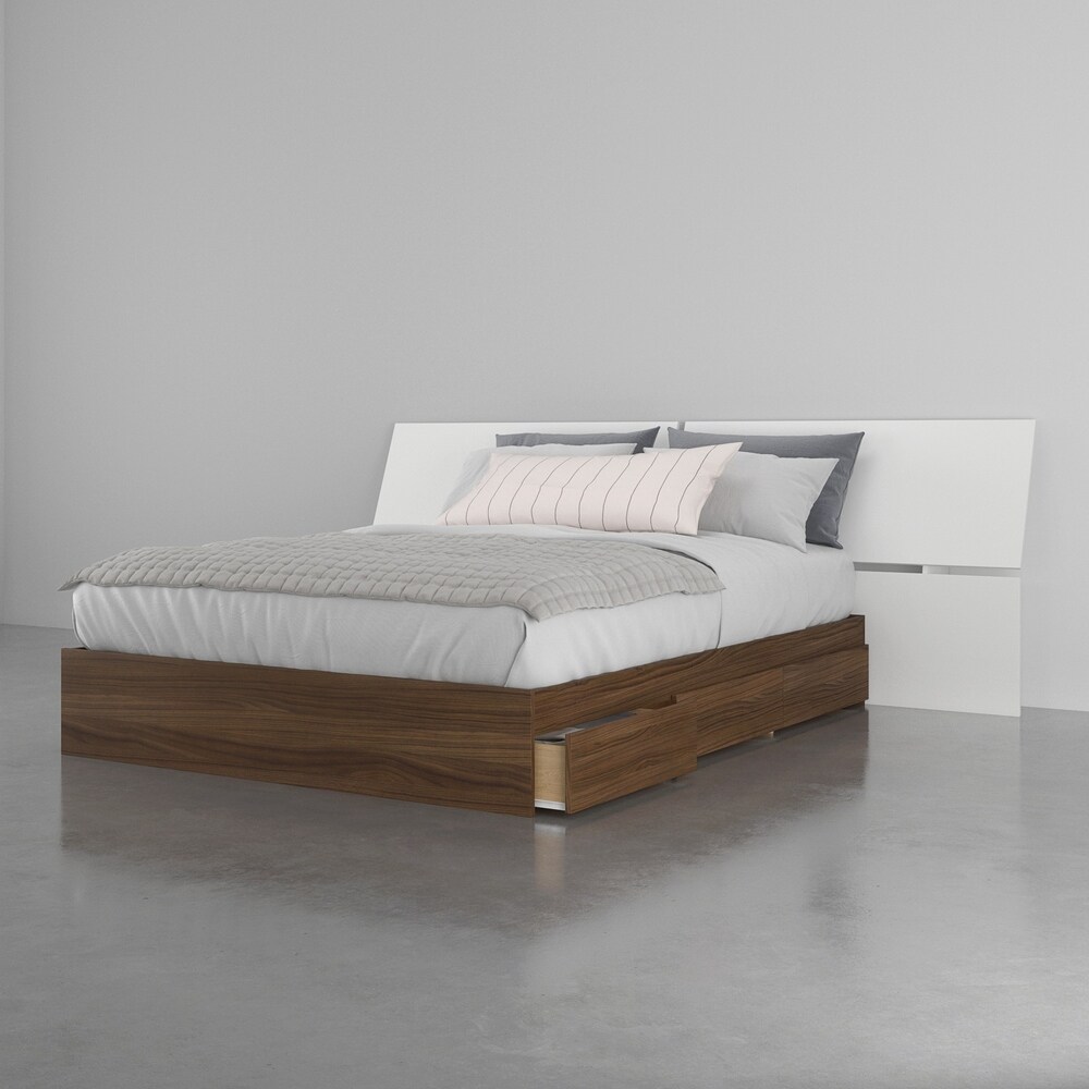 Nexera Cologne 3 Piece Storage Bed with Extra Wide Headboard  Walnut   White