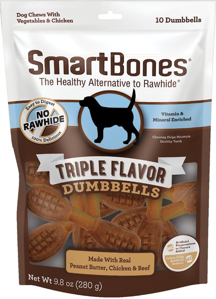 SmartBones Triple Flavor Dumbbells Real Peanut Butter， Chicken and Beef Dog Treats， 10 count