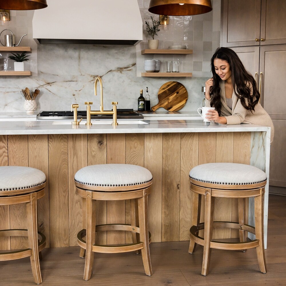 Maven Lane Alexander Backless Bar Stool in Weathered Oak Finish w/ Sand Color Fabric Upholstery