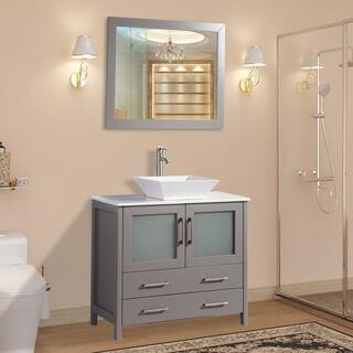 Vanity Art Ravenna 36 in. W Bathroom Vanity in Grey with Single Basin in White Engineered Marble Top and Mirror VA3136-G