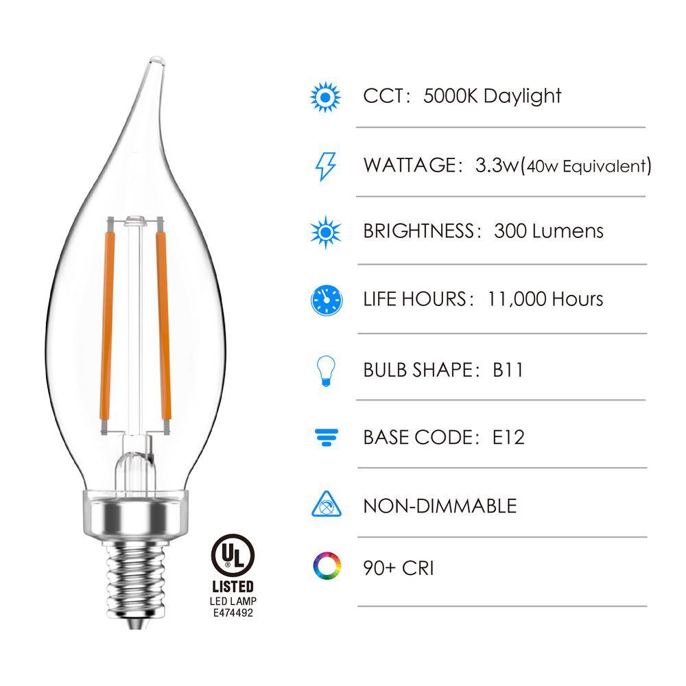 40-Watt Equivalent BA11 Non-Dimmable CEC Clear Glass Filament Vintage Edison LED Light Bulb Daylight (8-Pack) CF35-2C 3.3W 120V E12 5000K Ra90