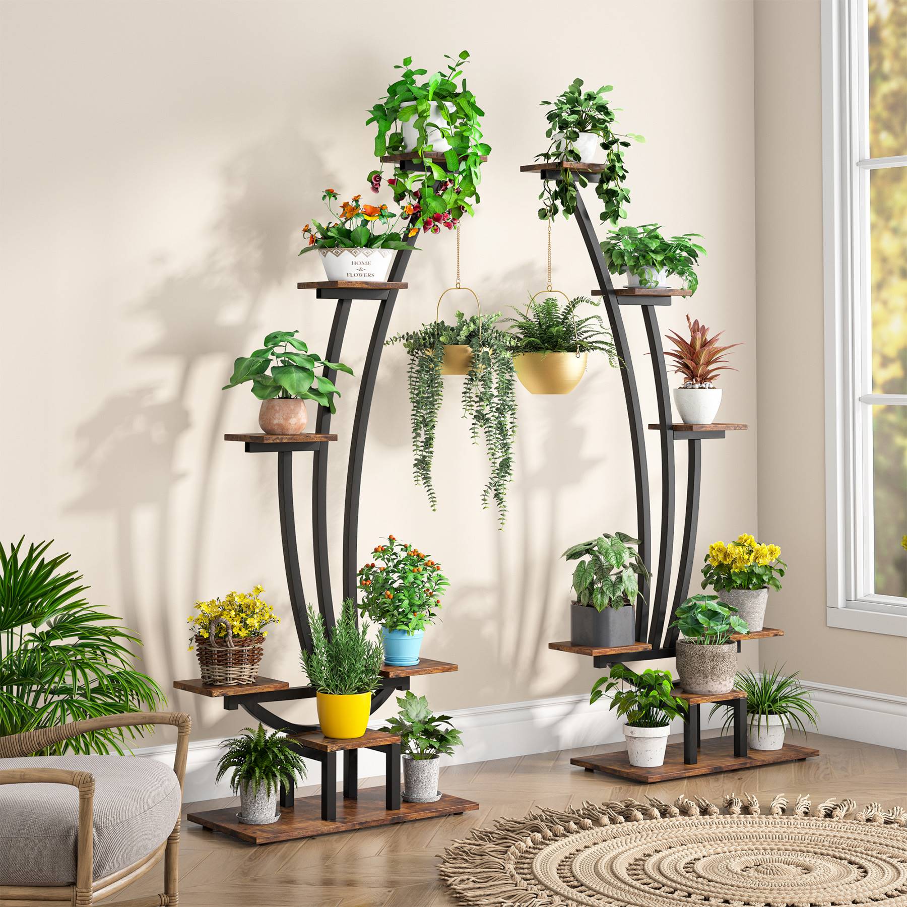 6-Tier Plant Stand Pack of 2, Metal Curved Display Shelf with 2 Hanging Hooks